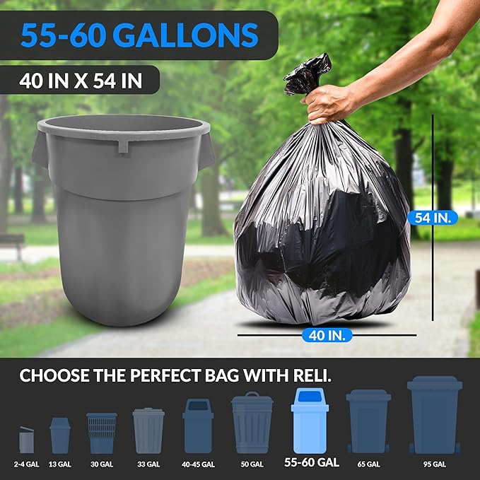 Reli. 55 Gallon Trash Bags Heavy Duty (100 Count) | Black | Twist Ties Included | Extra Tough, Leak-Proof Garbage Bags | Ideal for Large Clean Ups