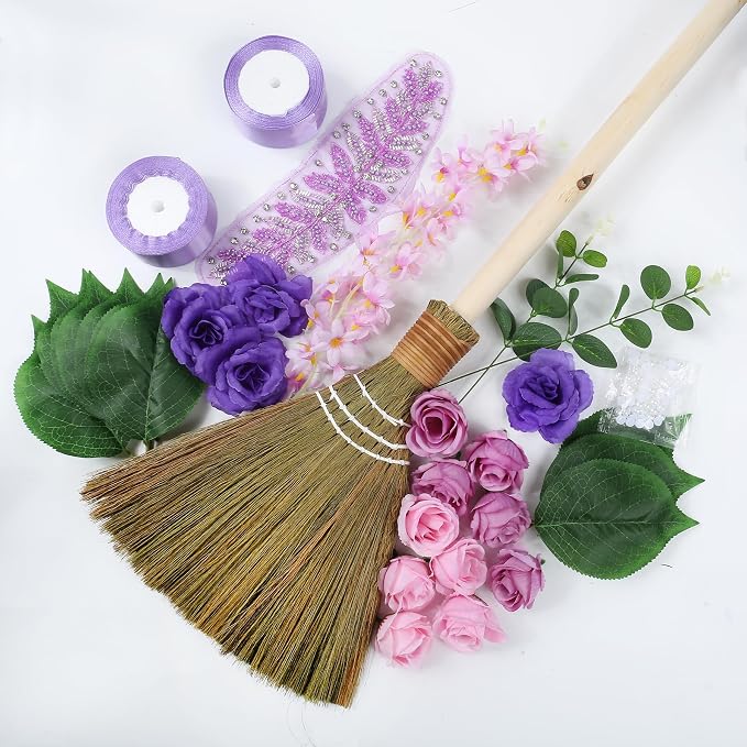 Wedding Brooms for Jumping Ceremony - TrinhGuo Purple Wedding Broom with Ribbons Pearls Artificial Flowers Leaves Mesh Embroidery, DIY Marriage Jumping Ceremony Set for African American
