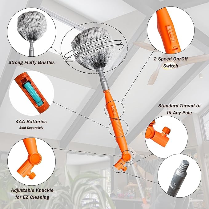 EZ Smart Powered Cobweb & Ceiling Fan Duster with 16ft Rigid Extension Pole – Adjustable Arm, Removable Washable Head, Interior & Exterior Use – Handheld or Pole-Mounted Cleaning Tool