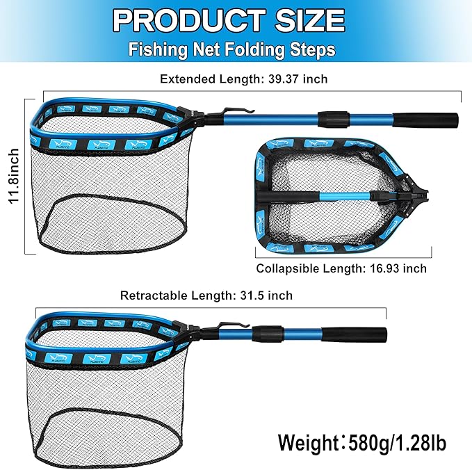 PLUSINNO Floating Fishing Net for Steelhead, Salmon, Fly, Kayak, Catfish, Bass, Trout Fishing, Rubber Coated Foldable Landing Net with Fixed or Telescoping Pole Handle, Fishing Gear and Gifts for Men