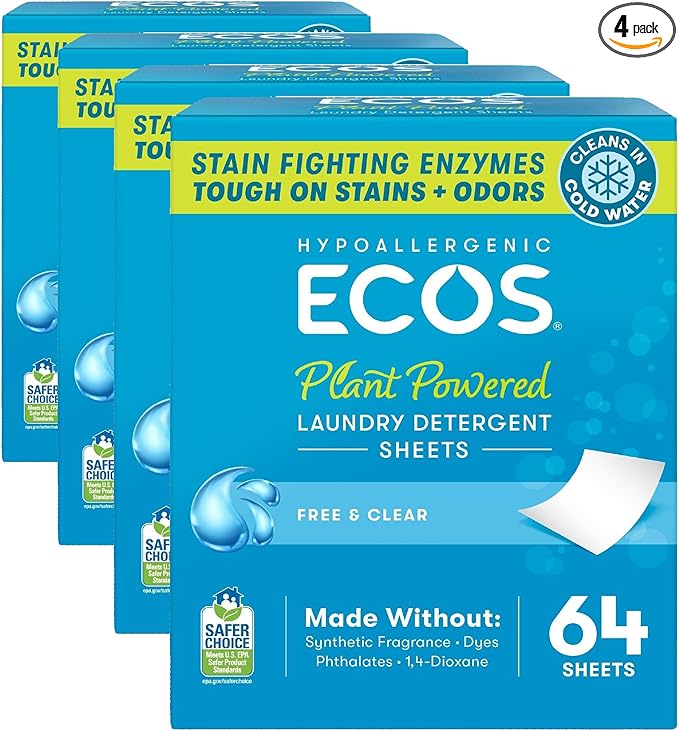 ECOS Laundry Detergent Sheets Vegan, No Plastic Jug, No Mess & Liquid Free - Hypoallergenic, Plant Powered Laundry Detergent Sheet - Free and Clear - 64 Count (Pack of 4)