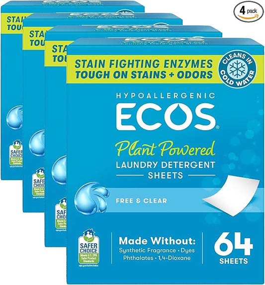 ECOS Laundry Detergent Sheets Vegan, No Plastic Jug, No Mess & Liquid Free - Hypoallergenic, Plant Powered Laundry Detergent Sheet - Free and Clear - 64 Count (Pack of 4)