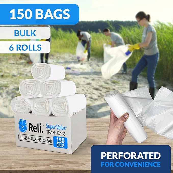 Reli. Premium 40 to 45 Gallon Trash Bags Heavy Duty | 150 Trash Bags with Ties | Super Sizeable, Clear, Serious Garbage Cleanup