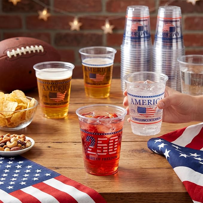 Jingmore 50 Pcs 250th Anniversary Plastic Cups 12 oz Patriotic Disposable Plastic Cups 1776-2026 Freedom Thick Clear Drinkware for Independence Day 4th of July Party Supplies