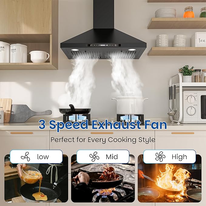 FIREGAS Wall Mount Black Range Hood 30 Inch, 900 CFM Ducted Kitchen Hood 3-Speed Exhaust Fan, Gesture/Touch Control, Timer, 2 Baffle Filters, Stainless Steel Stove Vent Hood