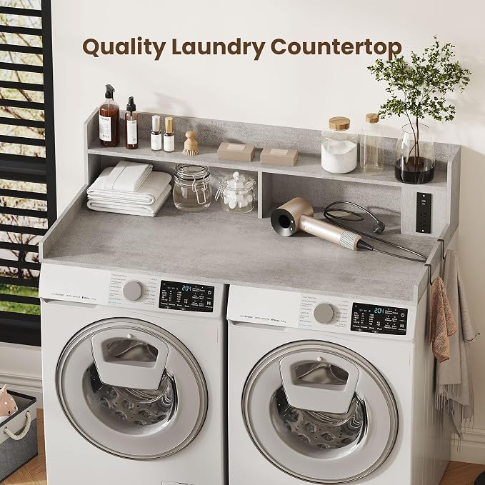 Upgraded 2-Tier Washer and Dryer Countertop with Power Outlet,54" W x 27.6" D Large Laundry Countertop for Fold Clothes, Laundry Topper with Non-Slip Pads & Metal Hooks and Storage Basket