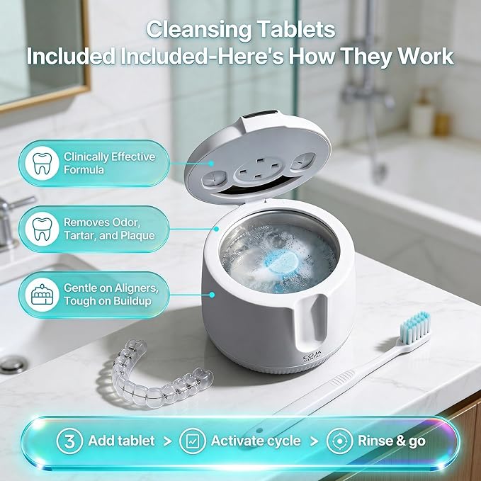 Cleansing Pod PRO + UV | Rechargeable Ultrasonic Retainer Cleaner Machine | 48kHz Ultrasonic Dental Pod for Mouthguard, Dentures & Aligners | 3 Cleaning Modes | Tablets Included