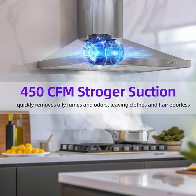 FIREGAS Range Hood 30 inch Wall Mount Type with Ducted/Ductless Convertible, 450 CFM Stainless Steel Chimney-Style Kitchen Hood, Over Stove Vent Hood with 3 Speed Fan, LED Light, Charcoal Filters
