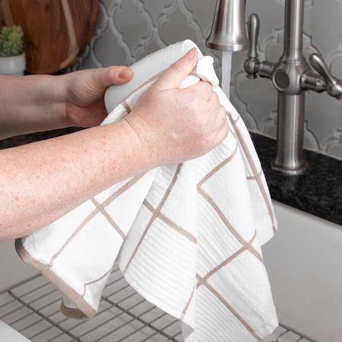T-Fal Solid & Checked Parquet Kitchen Towels: Highly Absorbent, Super Soft Long Lasting - 100% Cotton, 16"x26" Dish Towels for Cleaning & Drying Dishes, Pans, Glassware, Countertops, 2-Pack, Sand
