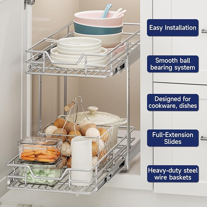 2-Tier Pull Out Cabinet Organizer, 10.5" W x 21.5" D, Heavy Duty Dual Slide Out Shelves for Narrow Base Cabinets, Chrome Wire Basket Drawer for Spices, Bottles & Snacks