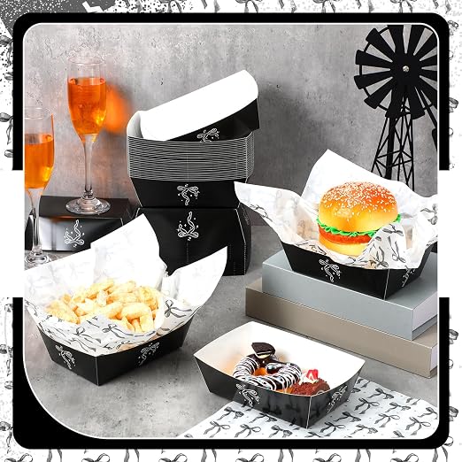 Geosar 100 Pcs Coquette Bow Paper Food Trays Bulk Bow Party Supplies Birthday Decor Disposable Food Boat Trays with Wax Paper Sheet Wrapping for Wedding Bridal Party Supplies(Black)