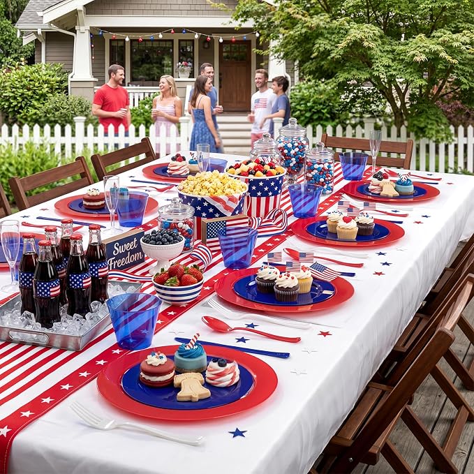 KIRE 150PCS 4th of July Plates & Red White Blue Disposable Plastic Silverware &Clear Blue Cups-American Flag Patriotic Party Supplies for Celebration Activities,Independence Day, Memorial Day