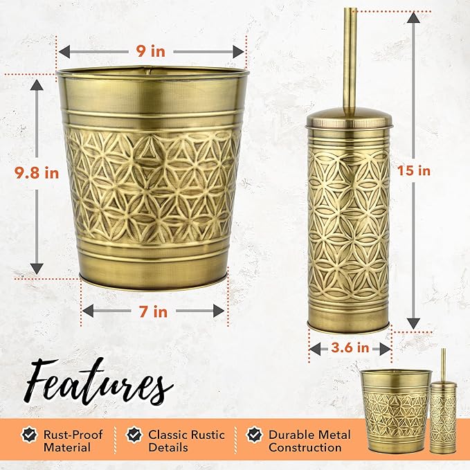 Autumn Alley Toilet Brush and Holder Set with Brushed Brass Bathroom Trash Can – Brass Bathroom Accessories Garbage Can Set for Rustic and Modern Bathroom Décor