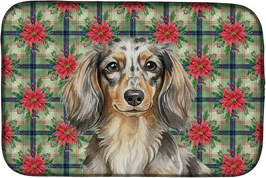 Caroline's Treasures Longhaired Dapple Dachshund Christmas PoinsettIas Dish Drying Mat Absorbent Dish Drying Mat Pad for Kitchen Counter Dish Drainer Mat for Countertop, 14 x 21", Multicolor