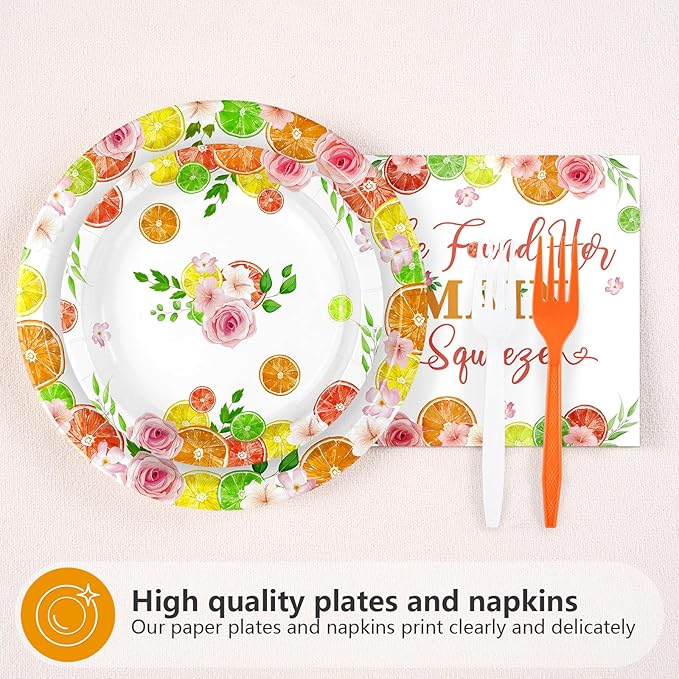 96Pcs She Found Her Main Squeeze Party Decorations Lemon Bridal Shower Plates and Napkins Citrus Decorations for Citrus Lemonade Orange Spring Fruit Bachelorette Wedding Party Supplies Serves 24
