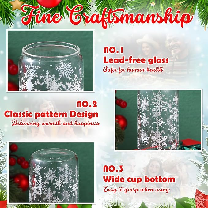 Sliner 2 Pcs Snowflake Glass Cups Christmas Winter Tumbler with Lid Straw Drinking Glasses 16 oz Iced Coffee Cup with Cleaning Brush Beer Can Tumbler Cute Holiday Gifts for Home Office Decorations