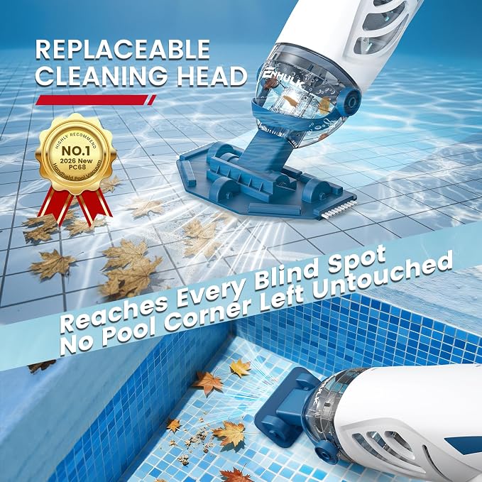 ENHULK PC68 Pro Pool Vacuum for Above Ground Pool with 9' Extension Pole, 4 Filters, 26.5 Gallons/Min Powerful Suction, 1H Runtime, Cordless Handheld Pool Cleaner for Above/Inground Pools