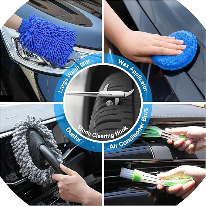 29Pcs Car Detailing Kit Wash Cleaning Kits with Pump Foam Sprayer Collapsible Bucket Wash Brush Large Wash Mitt Towels Complete Interior Exterior Car Detailing Supply Set Blue