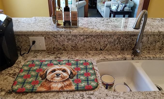 Caroline's Treasures Sable Havanese Christmas PoinsettIas Dish Drying Mat Absorbent Dish Drying Mat Pad for Kitchen Counter Dish Drainer Mat for Countertop, 14 x 21", Multicolor