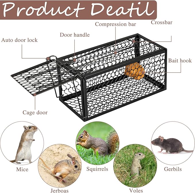 Qualirey 4 Pcs Humane Rat Trap Chipmunk Rodent Mouse Squirrel Trap 9.1 x 4.5 x 4.5 Inches Live Animal Mouse Voles Hamsters Live Cage Rat Cage for Mice Easy to Catch and Release (Black)