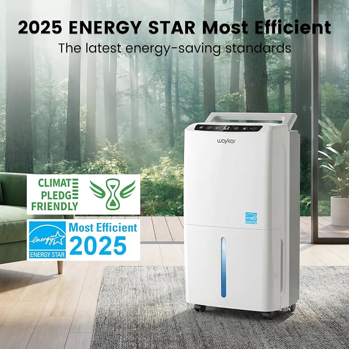Waykar 2000 Sq. Ft 34 Pints 2025 Most Efficient Energy Star Dehumidifier for Home and Basement with Auto or Manual Drainage, 0.62 Gallon Water Tank Capacity