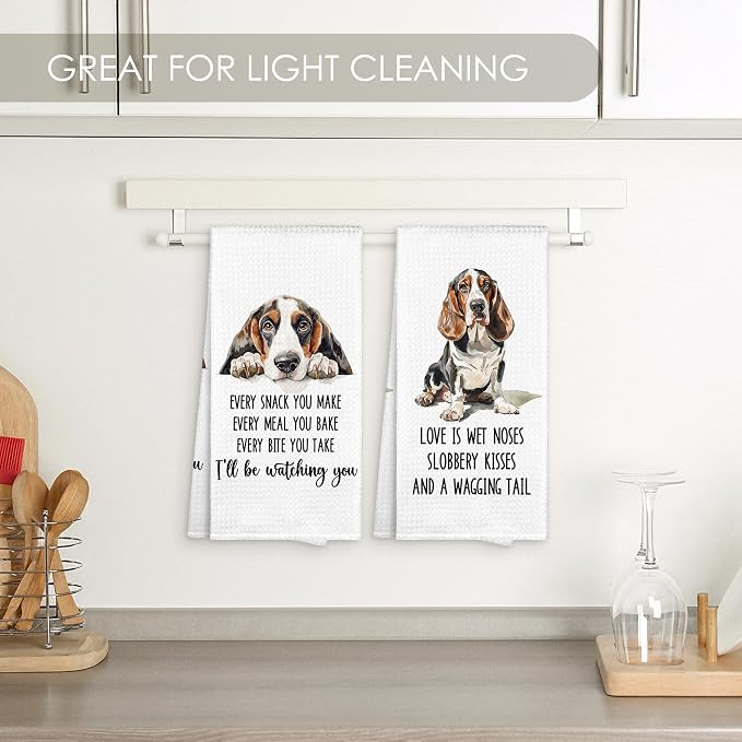 Basset Hound Kitchen Towel Gifts for Dog Lovers Decorative Set of 2, Bassett Hound Dish Towels Dishcloths Tea Towels, Basset Waffle Weave Microfiber Hand Towel for Kitchen Bathroom Decor 16x24