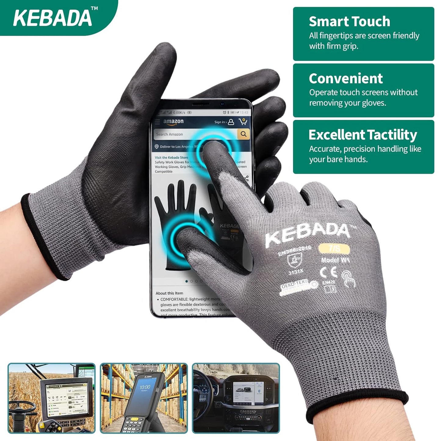 Kebada W1 Work Gloves for Men and Women, PU Coated Safety Gloves with Grip, Touchscreen, Ideal for Warehouse Package Handling, Construction, Gardening, 12 Pairs Gray Small