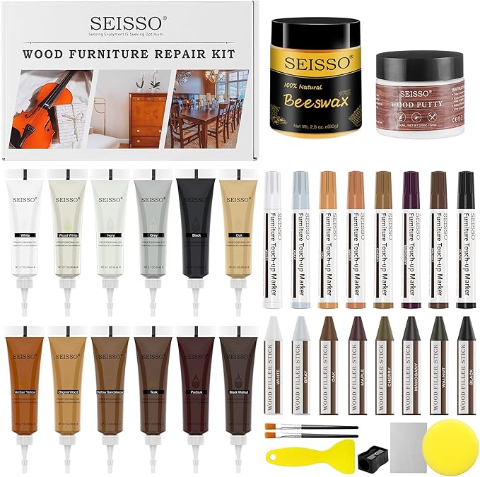 SEISSO Wood Furniture Repair Kit, 12 Colors Wood Fillers, 8 Colors Touch Up Markers&Wax Sticks, Wood Putty with Beeswax, Wood Repairing Kit of Stains, Scratches, Holes, Cracks(36 PCs)