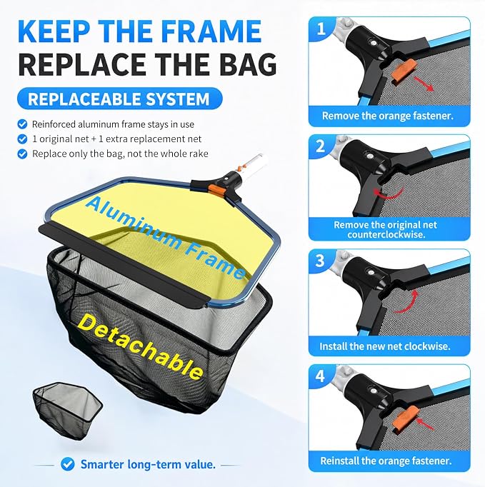 YASHINE Pool Skimmer with 2 Nets, Reinforced Aluminum Frame, Heavy Duty Deep Leaf Rake with Replaceable Net Bag, Deep Trash Bag, Pool Cleaning Net Fits Standard Pool Poles(No Pole)