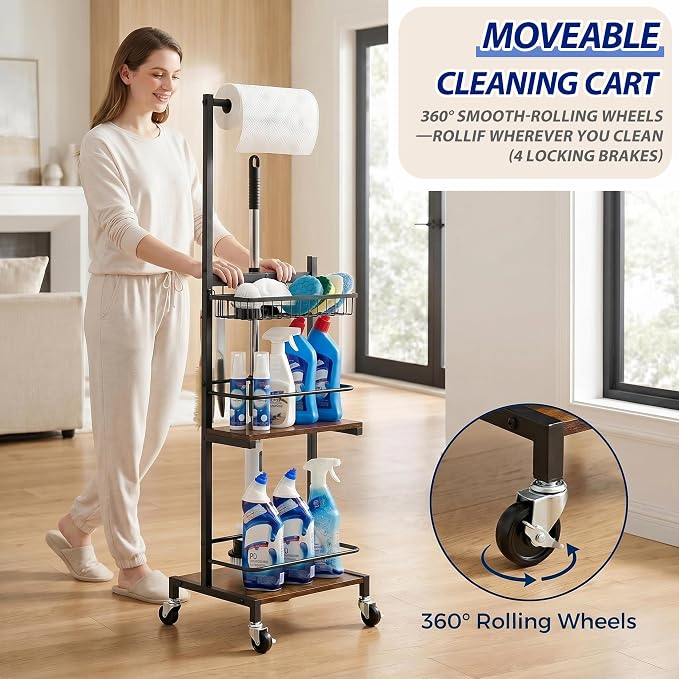Cleaning Supplies Organizer, Shower Scrubber Cleaning Cart for Electric Spin Scrubber, Brush Heads, Cleaning Caddy with Wheels for Kitchen Laundry Room Organization(Black)