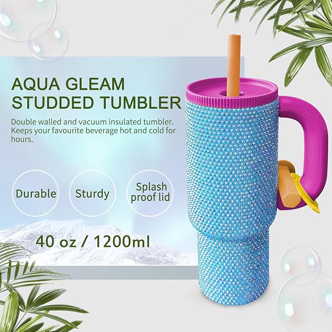HWISDMIG 40oz Tumbler with Handle-Glitter Rhinestones Tumbler Bling Cups Stainless Steel Water Bottle Diamond Studded Tumbler for Women-Birthday Gifts for Women, Mom, Girlfriend (Aqua Gleam)