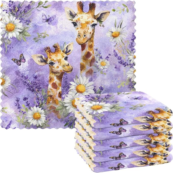 Watercolor Giraffe Daisy Purple Kitchen Towels Dish Cloths Set of 6 Microfiber Cleaning Cloths for Cars Super Absorbent Machine