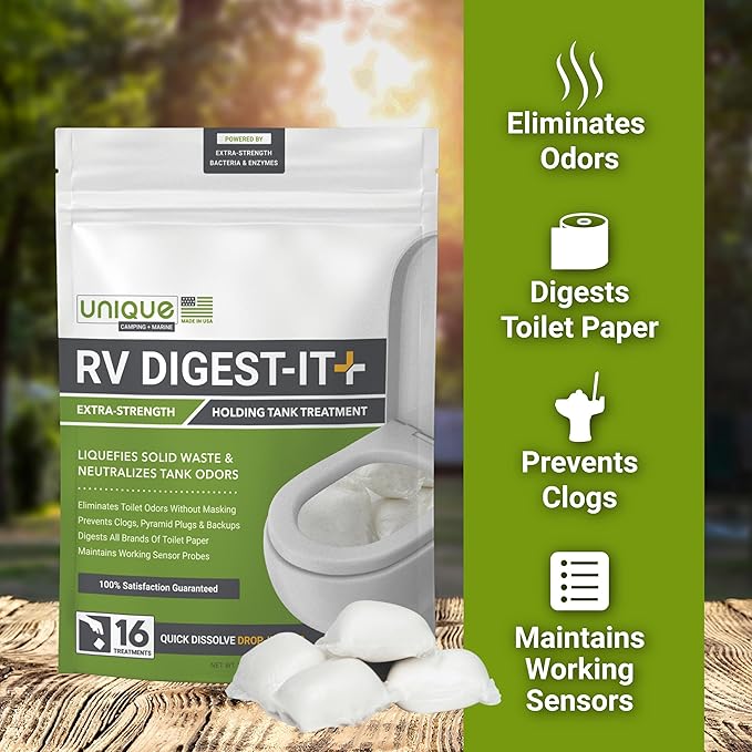 Unique RV Digest-It Plus RV Tank Treatment Pods – 16 Treatments, Breaks Down Waste & Toilet Paper + Eliminates Odors at Source, RV Black Tank Treatment