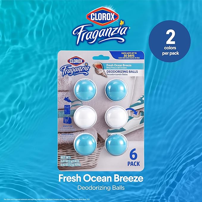 Clorox Fraganzia Deodorizing Balls for Shoes and Small Spaces, Twist-to-Activate No-Plug Odor Refresher Pods for Gym Bags, Lockers, Drawers, and Hampers, Ocean Breeze, 6 Count