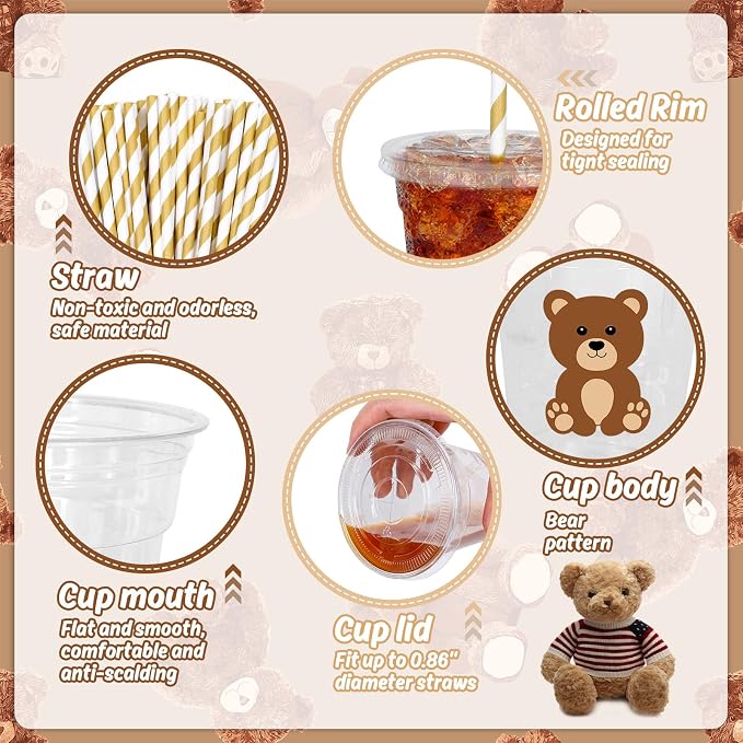 Whaline 50 Pcs Bear Disposable Plastic Cups with Lids and Straws 12 Oz Cute Brown Bear Cold Beverage Drinking Cups for Baby Shower Birthday Party Supplies