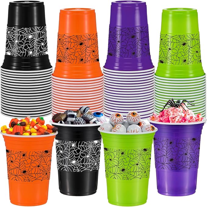 Pickmesh 120 Pcs Halloween Plastic Cups 16 oz Disposable Coffee Cup Spider Web Decoration Hot Cold Drink Wine for Halloween Party Favors Supplies