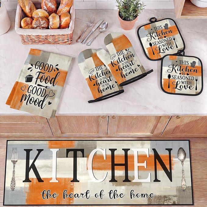 10 Pcs Orange Beige Kitchen Decor and Accessories Set, 4 Dish Towels Kitchen Rugs 2 Oven Mitts 2 Pot Holders, Home Decor for Cooking Baking BBQ Gifts Women Mom Housewarming