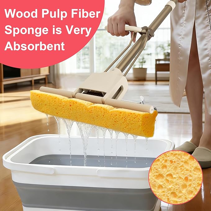 LILAC Cellulose Sponge Mop with 2 Replacement Heads, 4-Color Handle Choices for Zoned Cleaning, Super Absorbent Pop Up Roller Mop for Hardwood,Laminate Floors, Heavy Duty Floor Scrubber (Red)