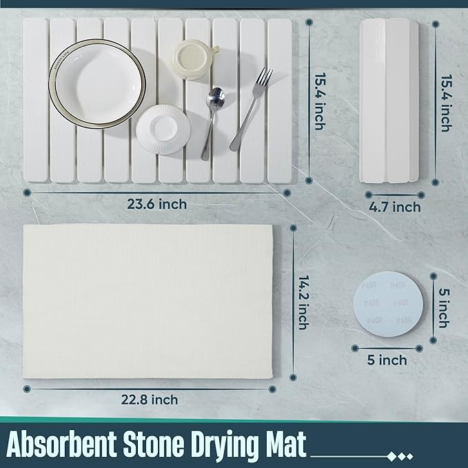 Stone Drying Mat for Kitchen Counter, 24"x16" Large Collapsible Dish Drying Mat with Non-Slip Pad and Sandpaper, Rolling Design, Quick Dry for Dishes, Bottles, Utensils