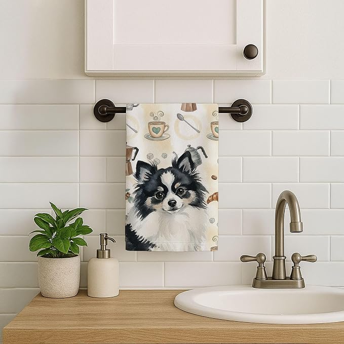 Caroline's Treasures Black and White Pomeranian Coffee Bar Kitchen Towel Velour Plush Front and Cotton Loop Back Machine Washable