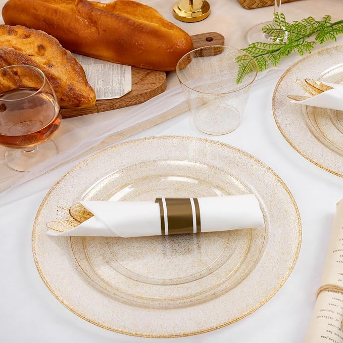 WELLIFE 210Pcs Gold Glitter Dinnerware Set, Gold Glitter Disposable Dinnerware for 30 Guests, Include: 30Dinner Plates, 30Dessert Plates, 90Gold Glitter Silverware, 30 Cups, 30 Paper Napkins