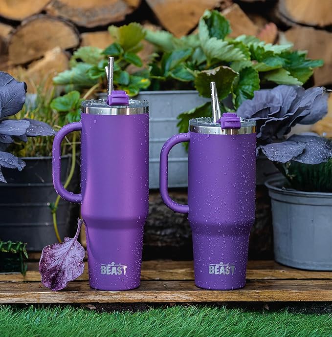 Beast 42 oz Tumbler with Handle Stainless Steel Vacuum Insulated Coffee Ice Cup Double Wall Travel Flask (Deep Purple)
