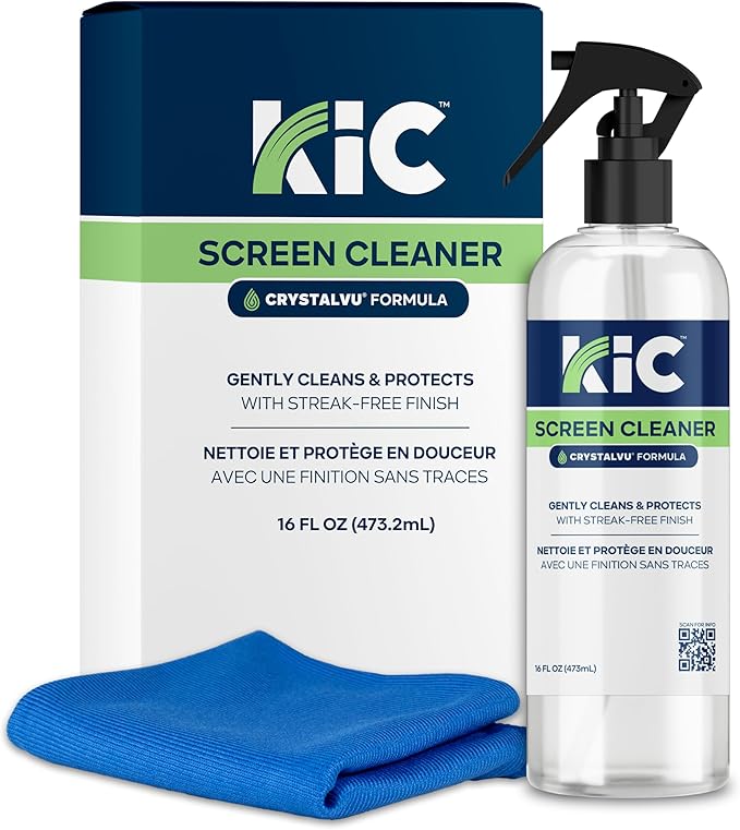 KIC CrystalVu Screen Cleaner Spray Kit with Microfiber Cleaning Cloth – Streak-Free for TV, Phone, Laptop, Monitor & Tablet – NSF Certified Safe Formula – 1 Reusable Microfiber Towel - 16oz