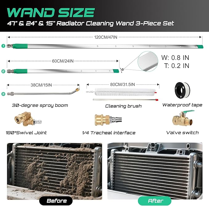 47" & 24" & 15" Radiator Cleaning Wand 3-Piece Set, 4500 PSI Stainless Steel Dual Water/Air Radiator Cleaner with Pressure Washer Gun Adapter & Tips for Cars, Trucks, Heavy Equipment,