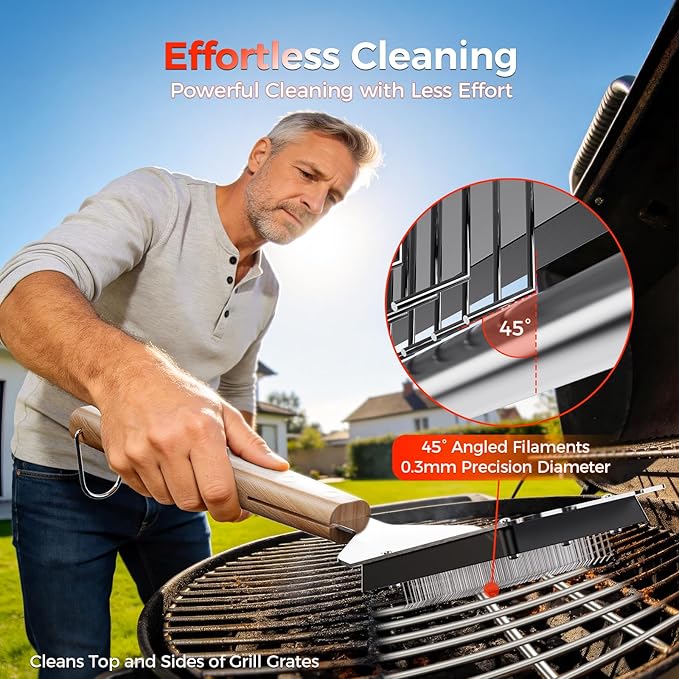 BBQ Grill Brush with U-Shaped Fixed Design, 45° Angled Steel Filaments for Deep Cleaning, Wooden Handle Grate Cleaner with Hanging Hook for Gas, Charcoal & Smoker (16 Inch)
