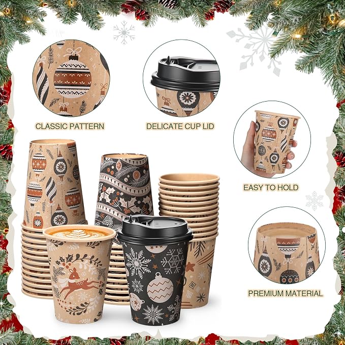 FoldTier 100 Pcs 12 oz Christmas Paper Cups with Lids Xmas Disposable Coffee Cups Holiday Kraft Paper Drinking Xmas Party Drinkware Supplies for Holiday Cocoa Beverage Cold Hot Drinks (Classic 4)
