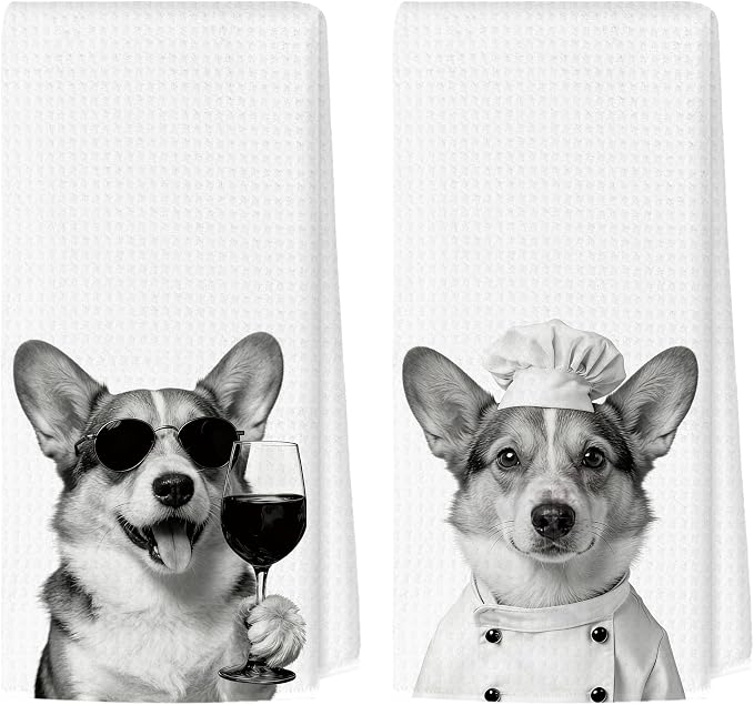 Funny Corgi Kitchen Towels Set of 2, Dog Kitchen Bar Accessories, Dog Chef Gifts for Women Decorative Hand Towels for Kitchen Decor, Corgi Lovers Dish Tea Towel, 16x24 Inch