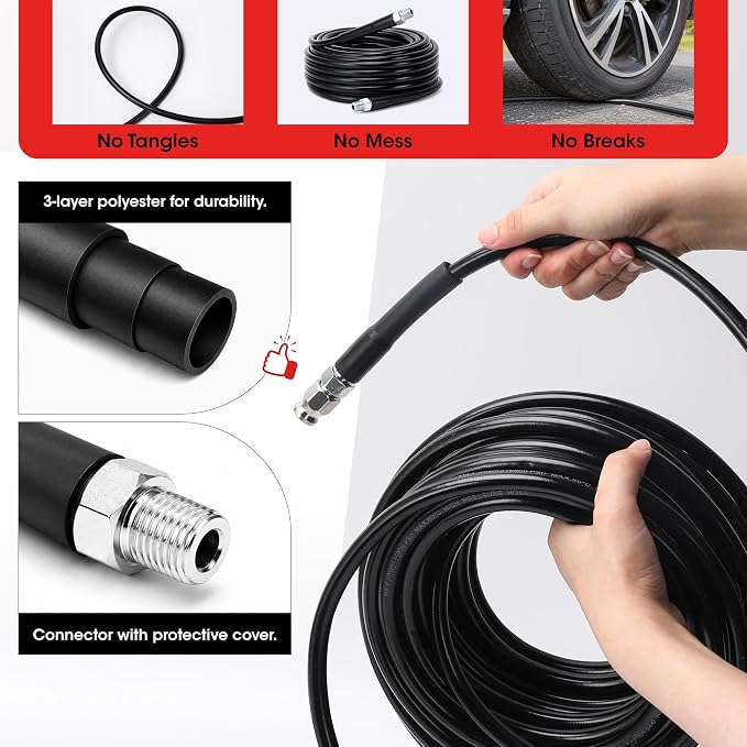 Sewer Jetter Kit for Pressure Washer 50 FT, Drain Cleaning Hose with Short Gun, 1/4" NPT, Rotating, Button Nose & Corner Nozzles, High Pressure Pipe Cleaner for Sewer and Drain Cleaning