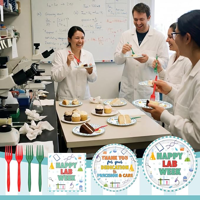 Remerry 96 Pcs Happy Lab Week Party Supplies Medical Laboratory Professionals Appreciation Plates and Napkins Set Decoration Thank You Laboratory Staff Disposable Plates for Lab Week Party Supplies