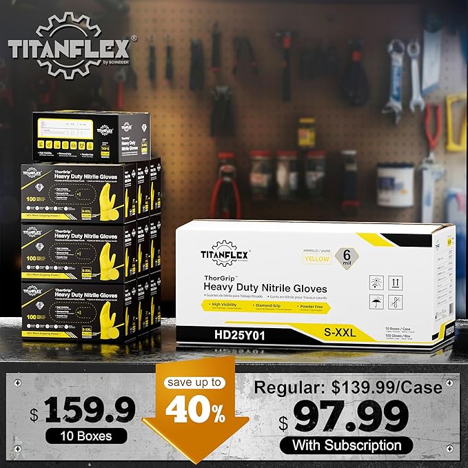 TitanFlex Heavy Duty Industrial Nitrile Gloves with Raised Diamond Texture, 6-mil, Latex Free (Yellow)
